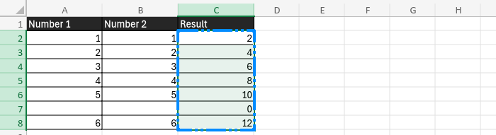 A screenshot showing the result of clicking and dragging the formula down cells