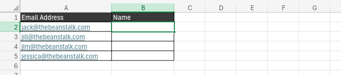 A screenshot of an Excel spreadsheet showing a list of email addresses