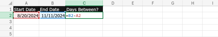 Screenshot of a date calculation being entered in our spreadsheet