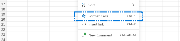 Screenshot of right-click menu, with “format cells” option highlighted