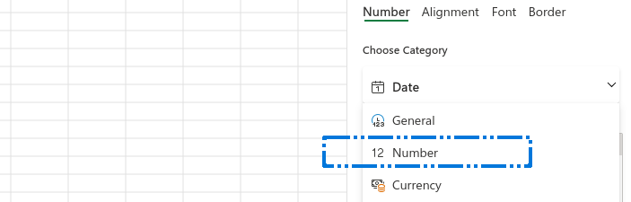 Screenshot of “Number” format being selected in Excel