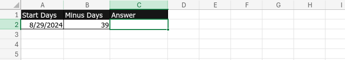 Screenshot showing a spreadsheet requiring a date subtraction calculation