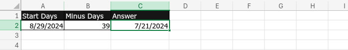 Screenshot showing the result of subtracting an integer from a date