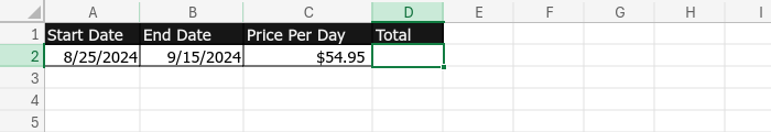 Screenshot of spreadsheet with car hire information. Calculation required