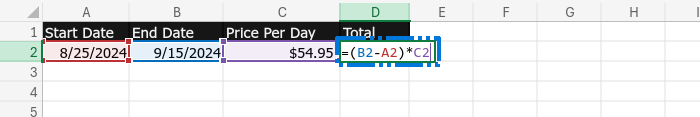 Screenshot of car hire spreadsheet with formula input