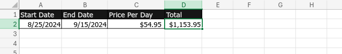 Screenshot of the correct car hire cost result