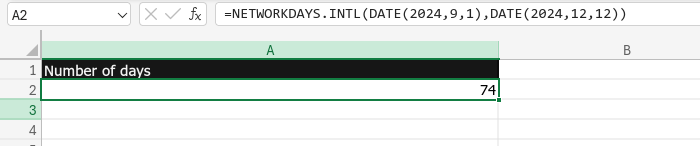 Screenshot of date calculation using NETWORKDAYS.INTL