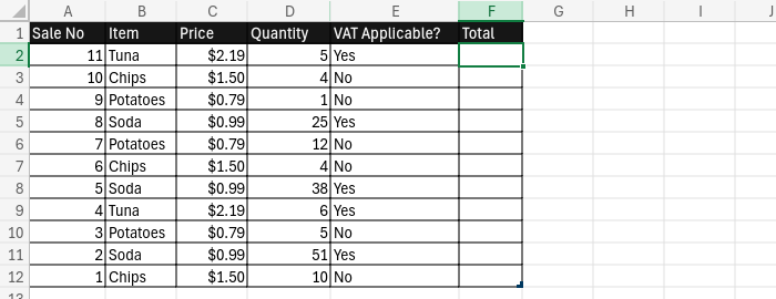 An image showing a sales spreadsheet which requires VAT information to be provided