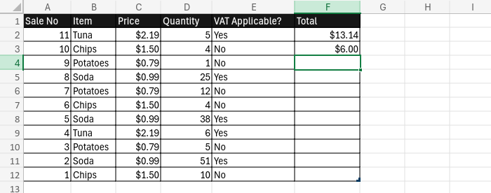 A screenshot showing our next calculation, this time where our condition is false