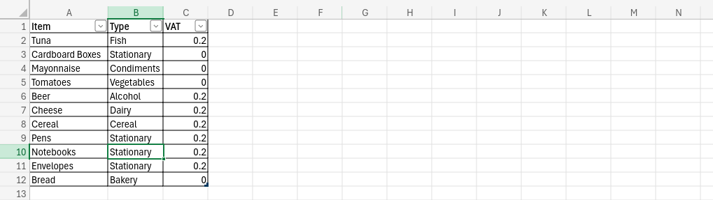 Screenshot showing corresponding VAT values for each item