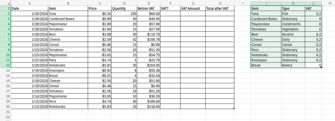 Screenshot of “lookup-values.xls” pasted into columns J to L of “jan-2024.xls”