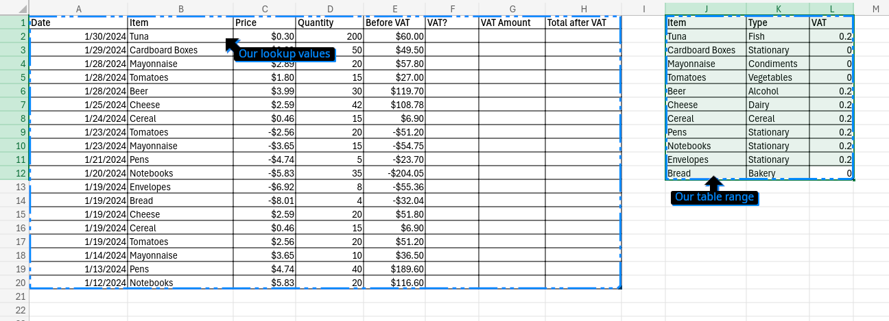 Annotated screenshot of “lookup-values.xls” with “table range” and “lookup value” highlighted accordingly)