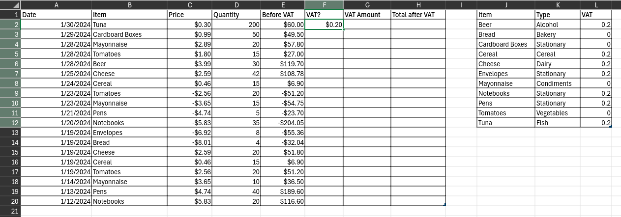 Screenshot showing the result of the VLOOKUP formula used